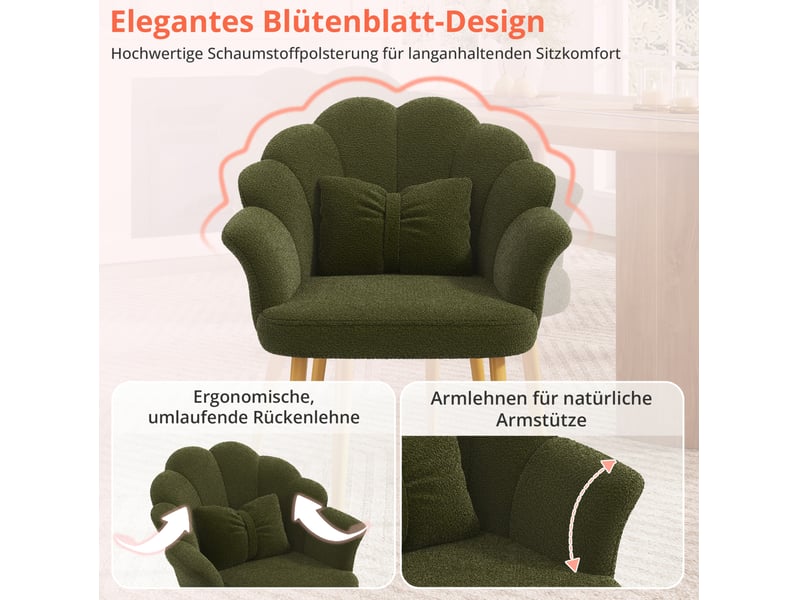  Fauteuil de salle à manger à dossier pétale avec accoudoirs et coussin, pieds en métal doré, tissu peluche vert  - Conforama D