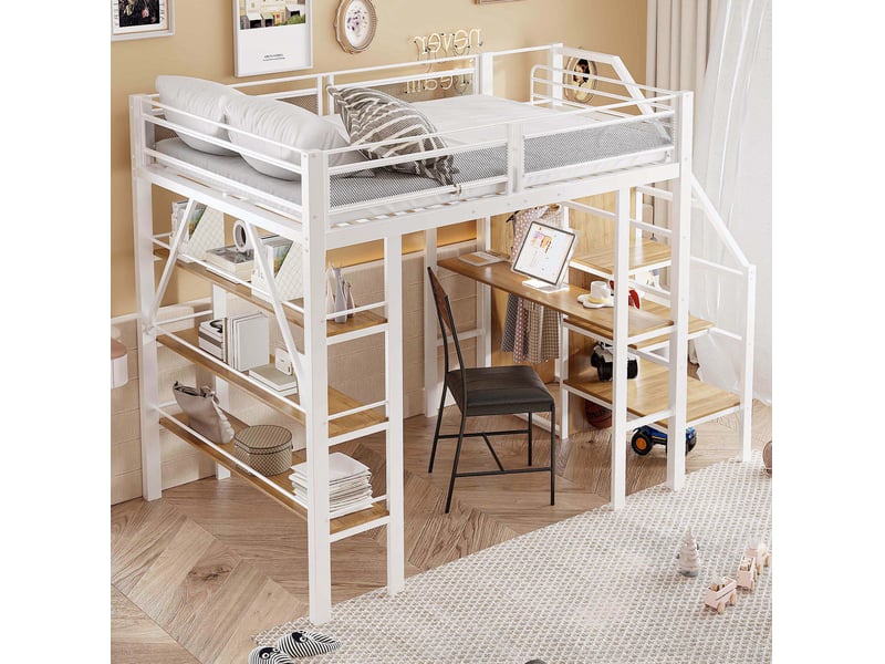  Lit mezzanine 140x200 cm avec bureau, armoire, étagères et escalier, blanc  - Conforama D