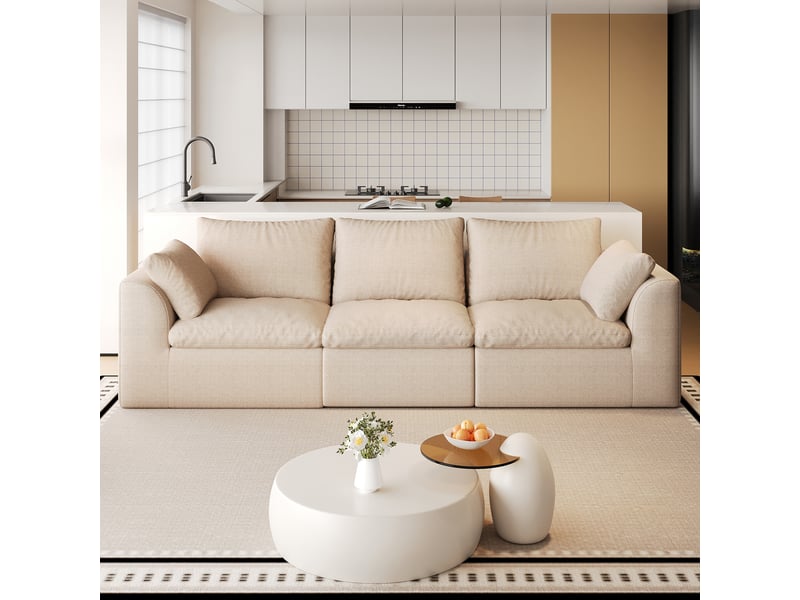  Canapé droit 3 places en tissu lin kaki, 245 cm, mousse compressée IKSETERA TRADING LTD - Conforama B