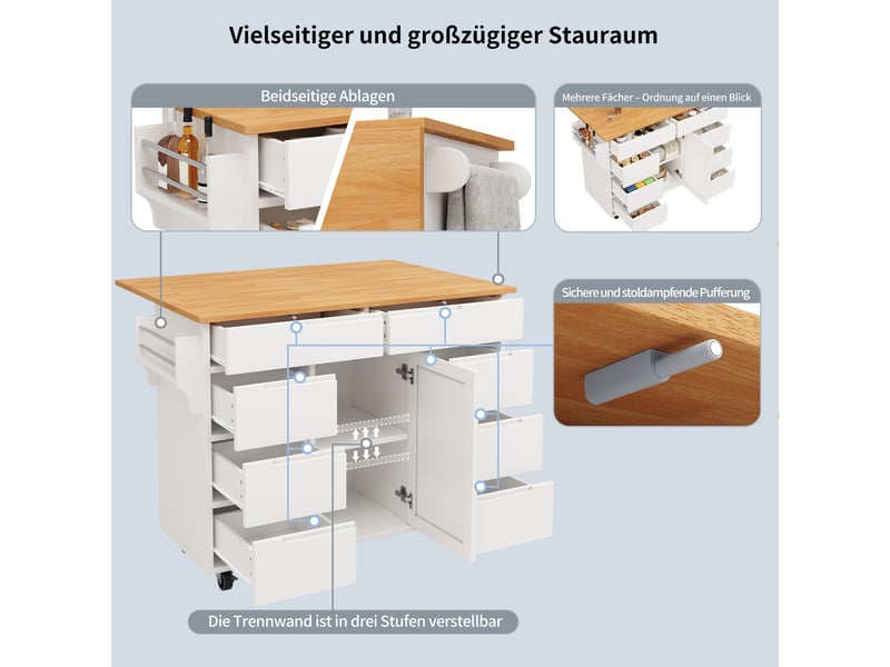  Îlot de cuisine mobile blanc 122 × 46–74,5 × 91,5cm, 8 tiroirs, sur roulettes, porte-épices  - Conforama E