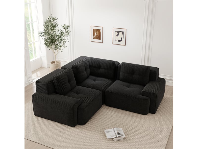  Canapé d’angle modulable 3 places en velours côtelé noir 206x206 cm  - Conforama E