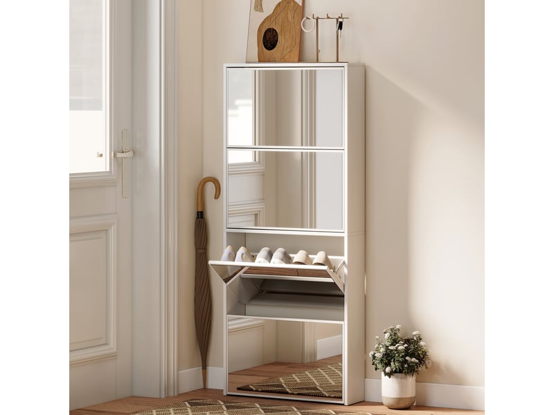  Meuble à chaussures étroit avec miroir et 4 portes battantes pour 12 paires de chaussures, 63 x 17 x 146 cm, blanc  - Conforama B