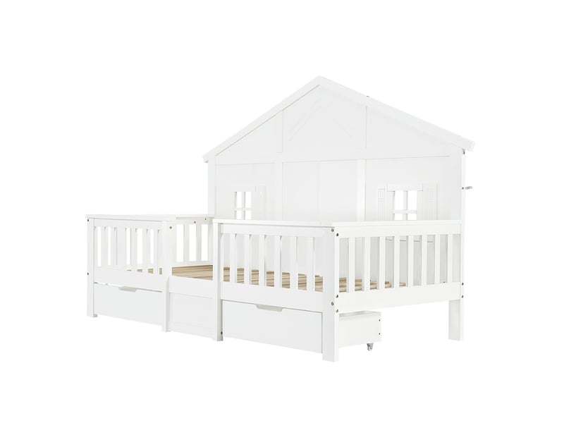 Lit enfant 90x200 cm avec rangement bois 2 grands tiroirs à roulettes motif maison sommier lattes stable blanc  - Conforama A