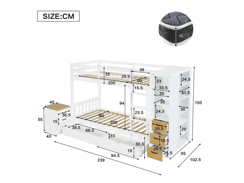  Lit superposé 90x200 cm avec rangements en bois et mdf couleur blanc et naturel sans matelas, design moderne  - Conforama C
