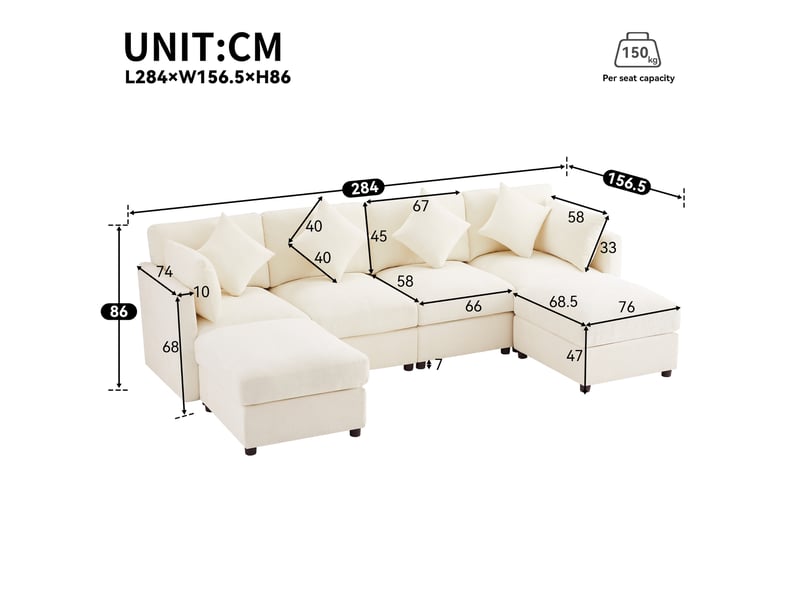  Canapé modulable 284x156,5x86 cm accoudoirs réglables chenille beige  - Conforama E