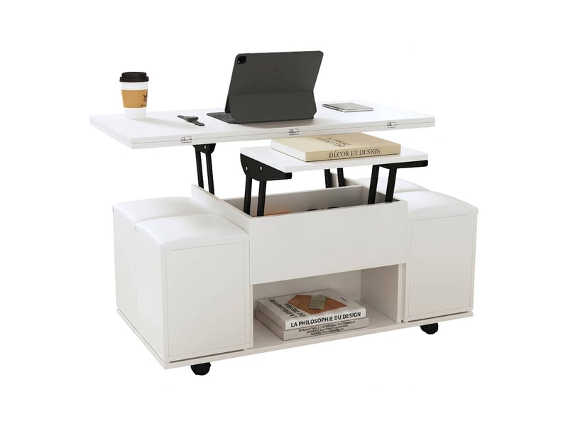 Table basse plateau relevable 3 en 1 avec 4 tabourets, convertible en table à manger, 100x50x48cm, panneau de particules, blanc - Conforama A