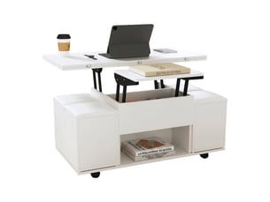 Table basse plateau relevable 3 en 1 avec 4 tabourets, convertible en table à manger, 100x50x48cm, panneau de particules, blanc