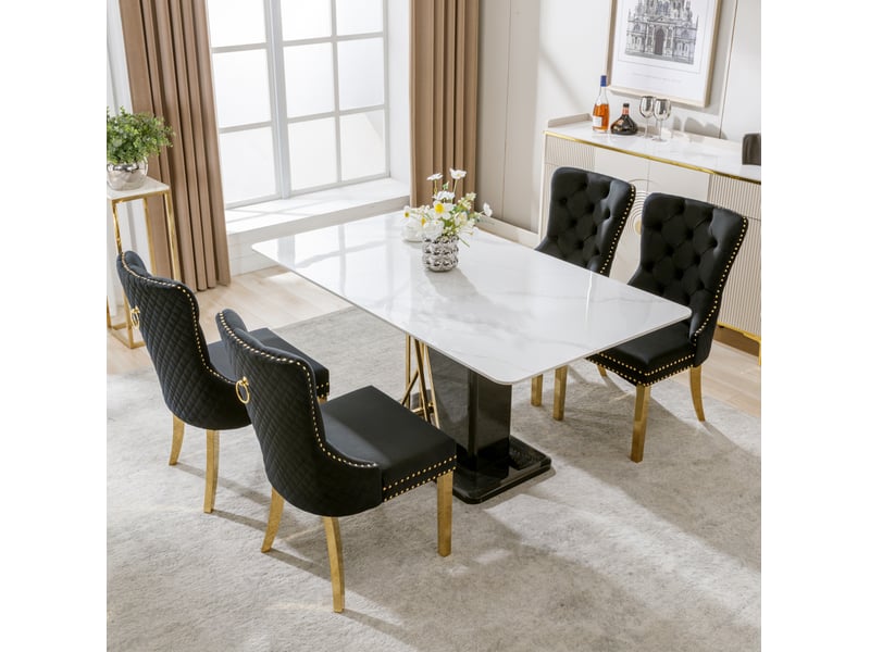 Lot de 4 chaises 65,5x51x95 cm, piètement acier doré, clous décoratifs, revêtement velours noir, pour salle à manger  - Conforama D