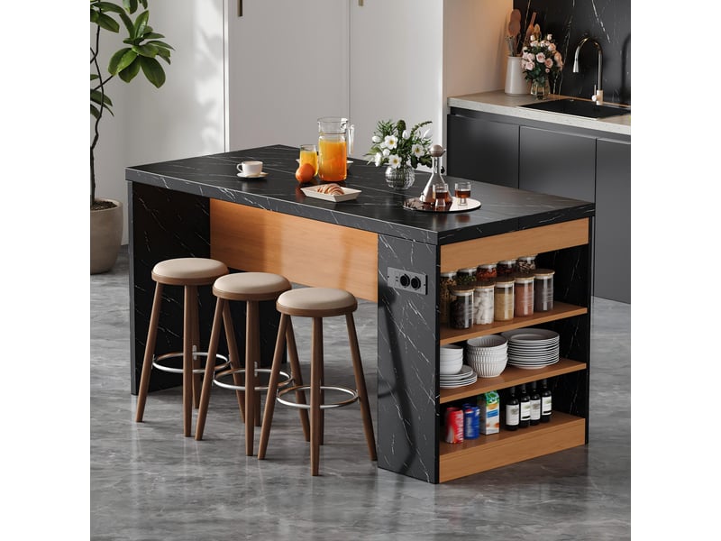  Îlot de cuisine 155x80x90cm avec éclairage led intégré et prises, plan de travail 40mm, couleur noir et naturel  - Conforama C