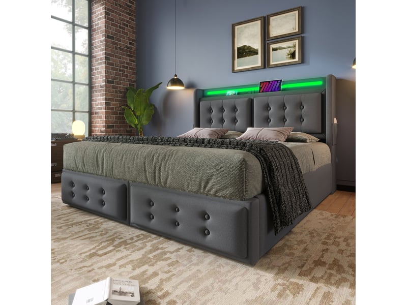  Lit coffre 140 × 200 cm 2 places avec led réglable, prises, usb et type-c, matelas inclus, en tissu gris  - Conforama C