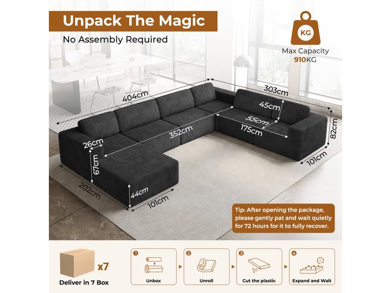  Canapé modulaire panoramique 7 places ouvert à gauche,velours côtelé,1 pouf,canapé compressé pour grand salon,404x303x82cm,noir 404x303x82CM - Conforama C