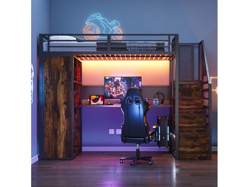 Lit mezzanine enfant simple 90x200 cm avec escalier de rangement, bureau, penderie et led, métal, noir, sans matelas  - Conforama D