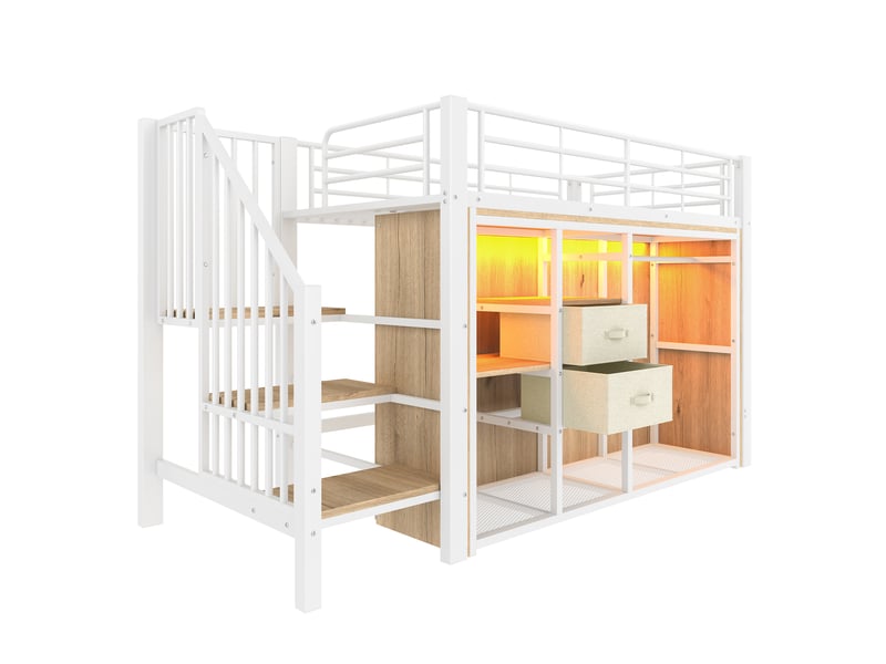 Lit surélevé avec 2 tiroirs, penderie ouverte et led multicolore, blanc, 90x200 cm, sans matelas - Conforama D