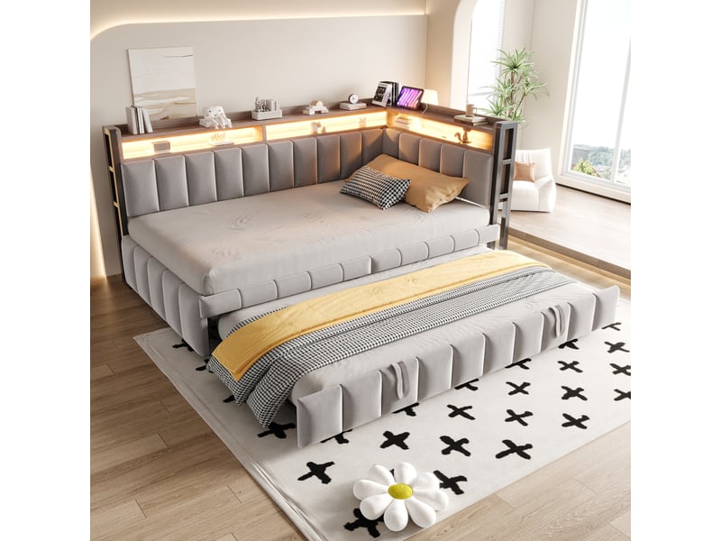  Lit banquette - 90x200 cm - éclairage led - usb et usb-c - sommier à lattes - velours - lit gigogne - gain de place - gris clair CozyNest - Conforama B