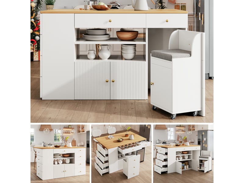 Îlot cuisine 140x40(70)x89cm blancnoir, 6 tiroirs, tabourets inclus, rangement extensible  - Conforama D