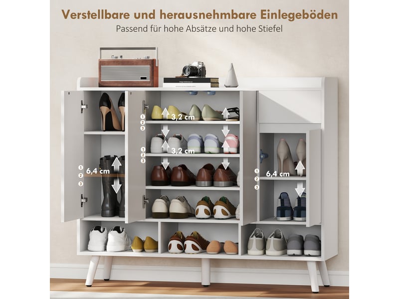  Meuble à chaussures blanc sans poignées, 4 portes, 4 étagères réglables et 5 pieds en bois  - Conforama W