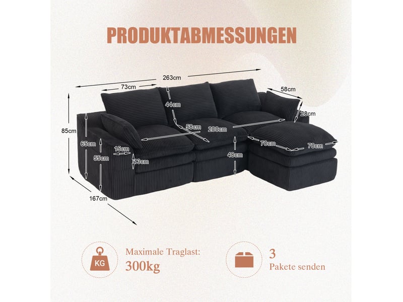 Canapé modulable 3 pl avec pouf 263x167x85 cm, coussins, poches de rangement latérales, adapté au salon, chambre, velours côtelé, noir - Conforama C