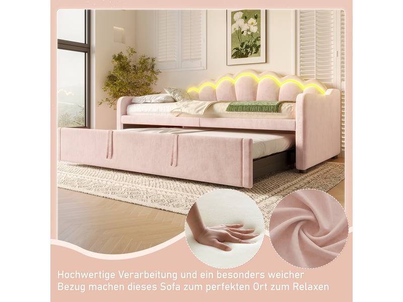  Lit de jour extensible 90x200 à 180x200 cm canapé-lit en velours rose avec bande led  - Conforama E
