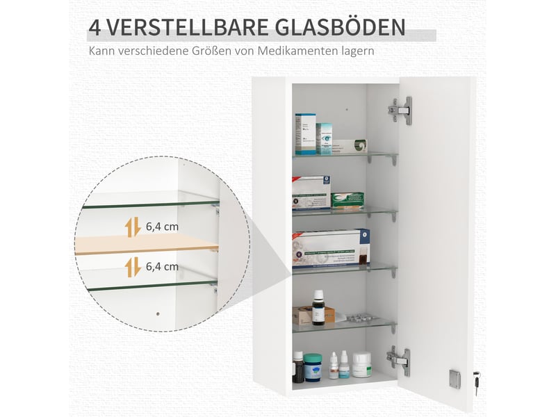 Armoire à pharmacie murale 30x20x70 cm – blanche – verrouillable avec 4 étagères réglables et gain de place - Conforama E