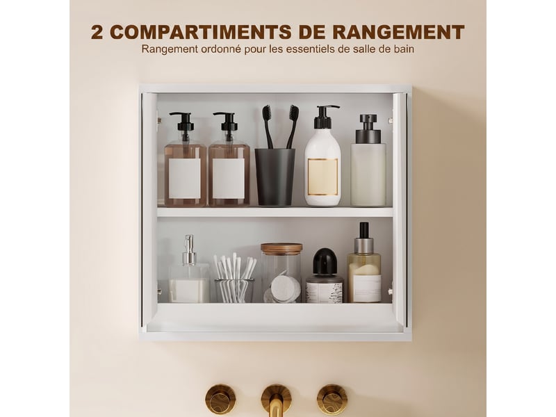 Armoire murale miroir salle de bain 2 étagères dim. 48l x 14l x 45h cm panneaux particules mdf blanc - Conforama D