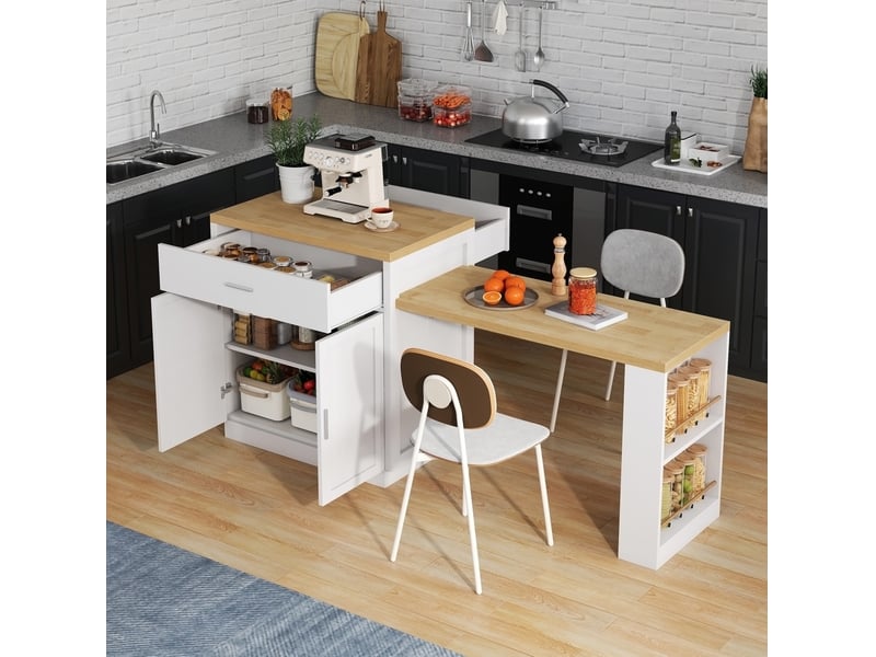 Desserte de cuisine avec table extensible, 2 tiroirs, placard et étagères, prises et ports usb, 188 × 55 × 92 cm - Conforama B