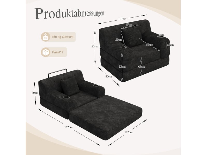  Canapé-lit 1 place tcqpz 107 x 80 x 81 cm convertible en velours côtelé noir avec 4 poches et 2 porte-gobelets  - Conforama C