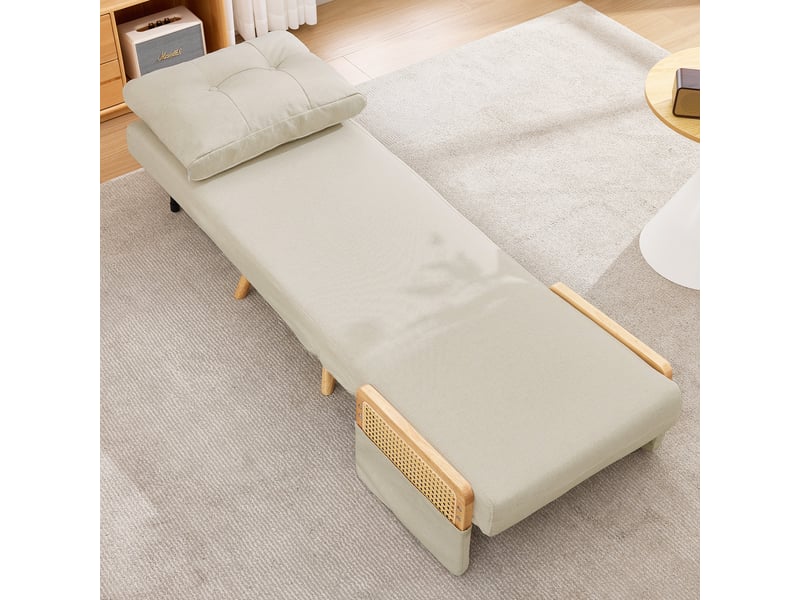  Fauteuil convertible 3 en 1 avec dossier réglable 5 positions et coussin, accoudoirs en rotin, en lin beige  - Conforama C