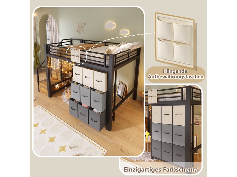  Lit mezzanine 140x200 cm avec rangements et penderie coloris noir  - Conforama E