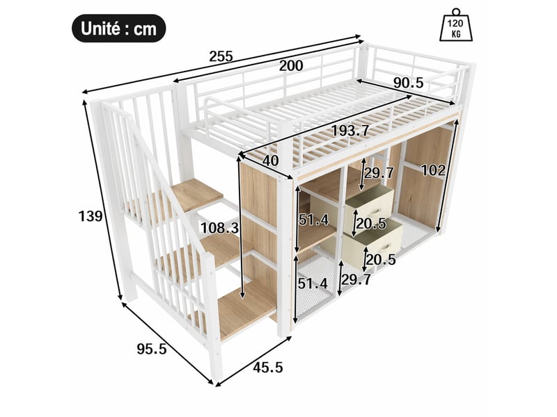  Lit mezzanine, lit simple 90x200 cm en métal et mdf avec 2 tiroirs, penderie ouverte et led, sans matelas, blanc  - Conforama D