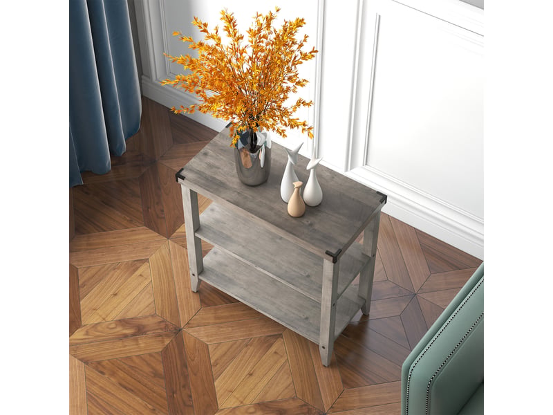  Lot 2 tables d'appoint farmhouse étroites, 3 niveaux, étagères ouvertes rangement, bois protections angle métal, salon chambre PHO_0XDKWDM2 - Conforama C