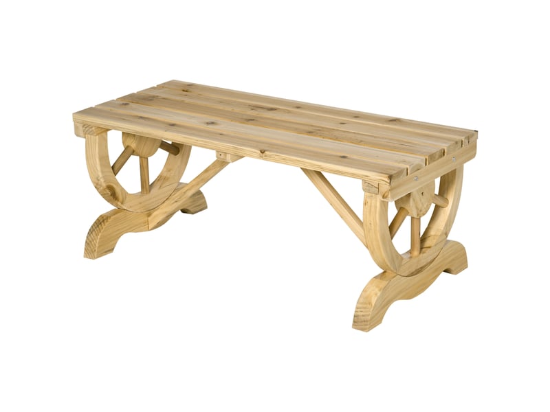  Banc de jardin 2 places avec structure à lattes et pieds en forme de roue de chariot, en bois, 98 x 50 x 39,5 cm, couleur bois  - Conforama B