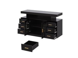Armoire à vin avec éclairage led, buffet bar à café avec 6 tiroirs, 2 portes vitrées et étagère ouverte, meuble à spiritueux moderne