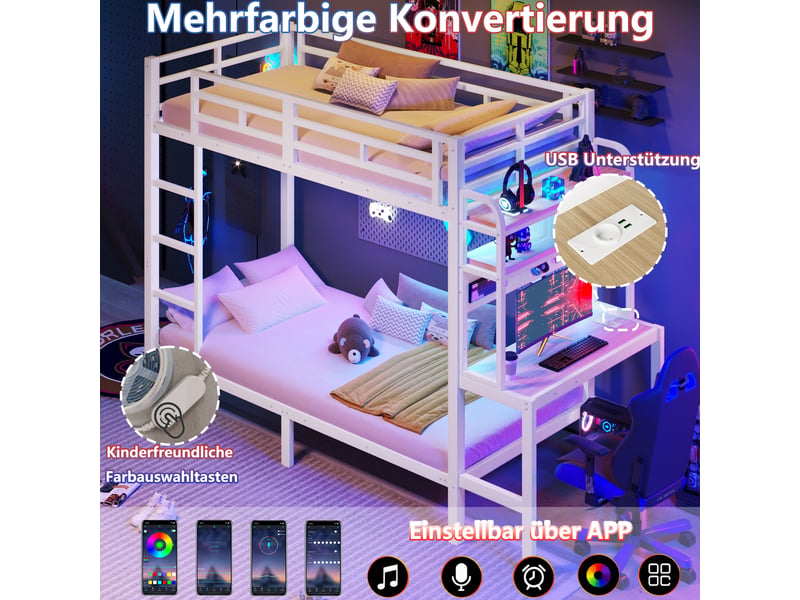  Lit superposé 90x200 cm, lit enfant, rangement, bureau, échelle sécurisée, barrière antichute, bois et métal blanc  - Conforama D