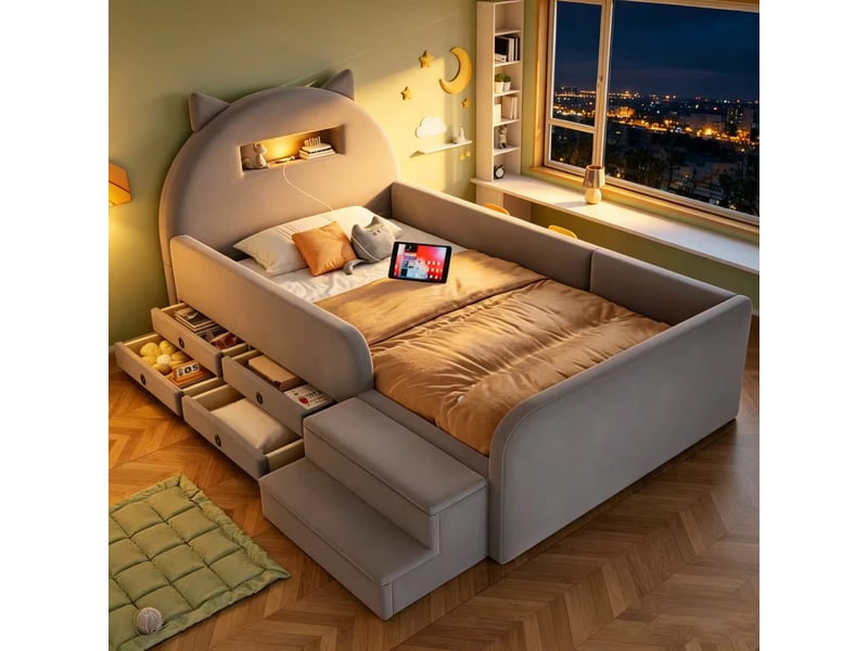  Lit rembourré 90x200 cm – lit enfant confortable avec 4 tiroirs led et usb – velours – gris clair CozyNest - Conforama B
