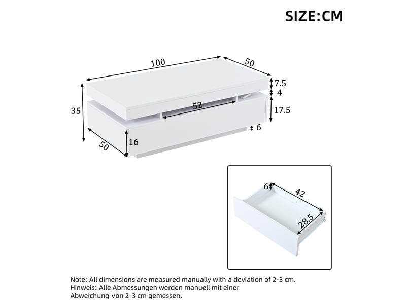  Table basse tcqpz 100 x 50 x 35 cm avec 2 tiroirs led blanc brillant en panneaux de particules  - Conforama C