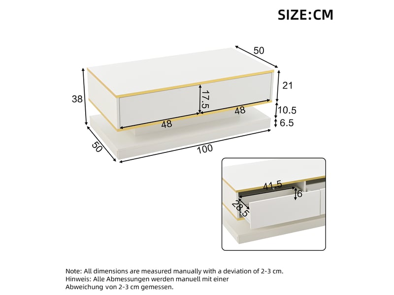  Ensemble meuble tv 200x40x40 cm et table basse 100x50x38 cm, 5 tiroirs, panneaux de particules, blanc chaud et doré  - Conforama C