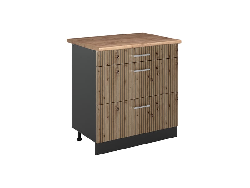  Vicco meuble cuisine, chêne artisananthracite, 80cm avec 3 tiroirs plan de travail chêne doré  - Conforama A