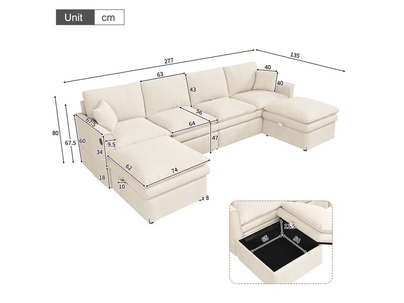  Canapé d’angle 6 places modulable u ou l 277x135x80 cm coton-lin beige  - Conforama C