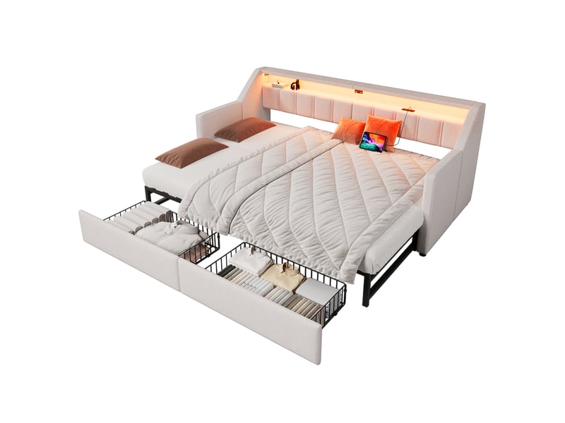  Lit de jour 90x200 canapé lit beige avec led, extensible 180x200, 2 tiroirs et ports usb  - Conforama A