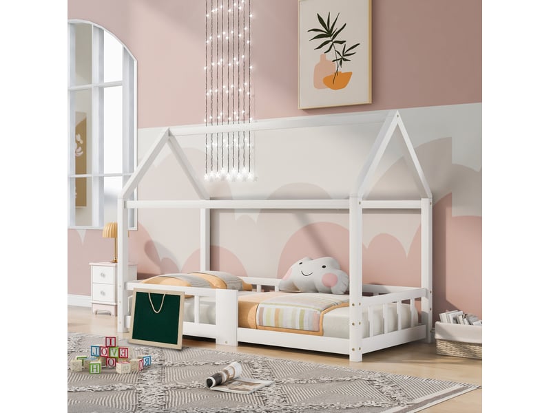  Modenvie lit cabane enfant 90x200 cm - avec tableau et sommier inclus, sans matelas - blanc  - Conforama E