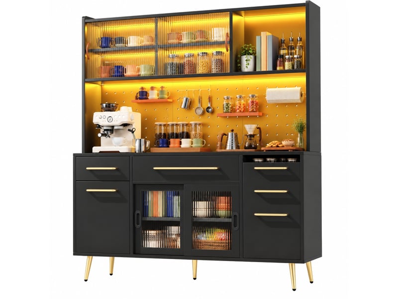  Buffet haut modenvie avec led et panneau perforé 145 x 39 x 171 cm noir mdf verre  - Conforama A