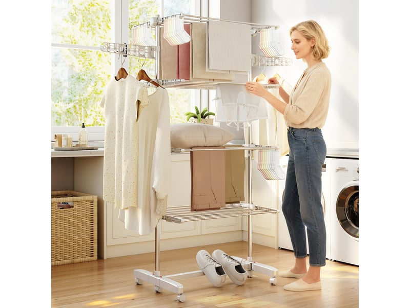  Étendoir à linge vertical pliable en acier et plastique avec 6 roulettes et 4 étagères réglables, 142 x 55 x 172 cm  - Conforama C