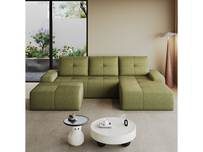  Canapé d’angle 3 places compressé 262x172x82cm, canapé en l, pouf inclus, mousse haute élasticité, tissu - vert olive CozyNest - Conforama D