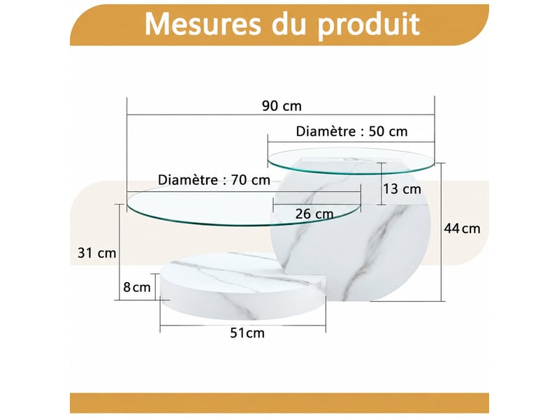 Table basse blanche effet marbre, deux plateaux en verre, 90 x 70 x 44 cm - Conforama C