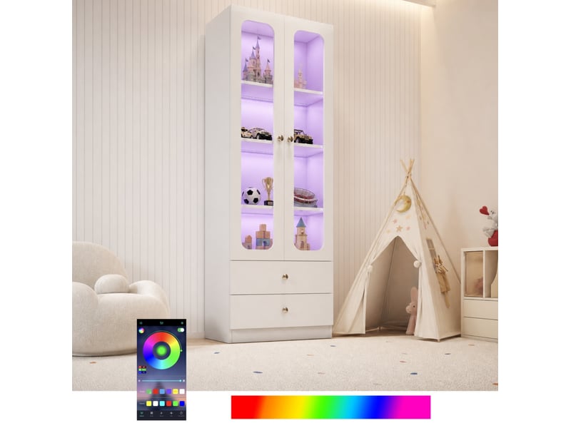  Vitrine avec 4 niveaux, 2 tiroirs et éclairage led rgb piloté par application pour salon, 60 × 35 × 170 cm  - Conforama D