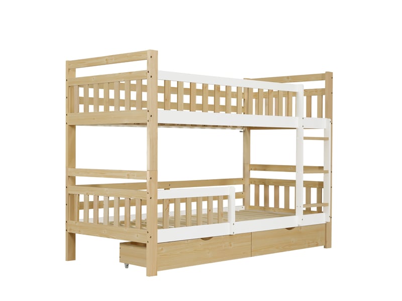 Lit superposé modenvie 90 x 200 cm en bois blanc et naturel avec échelle, protection anti-chute et 2 tiroirs - Conforama A