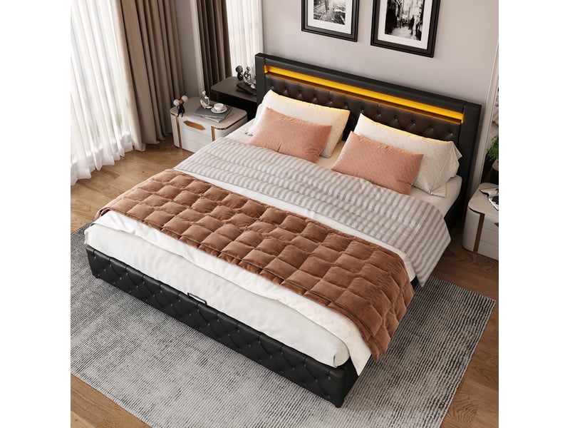  Lit double 180 x 200 cm avec sommier, rangement sous le lit et led, noir, finition pu  - Conforama E