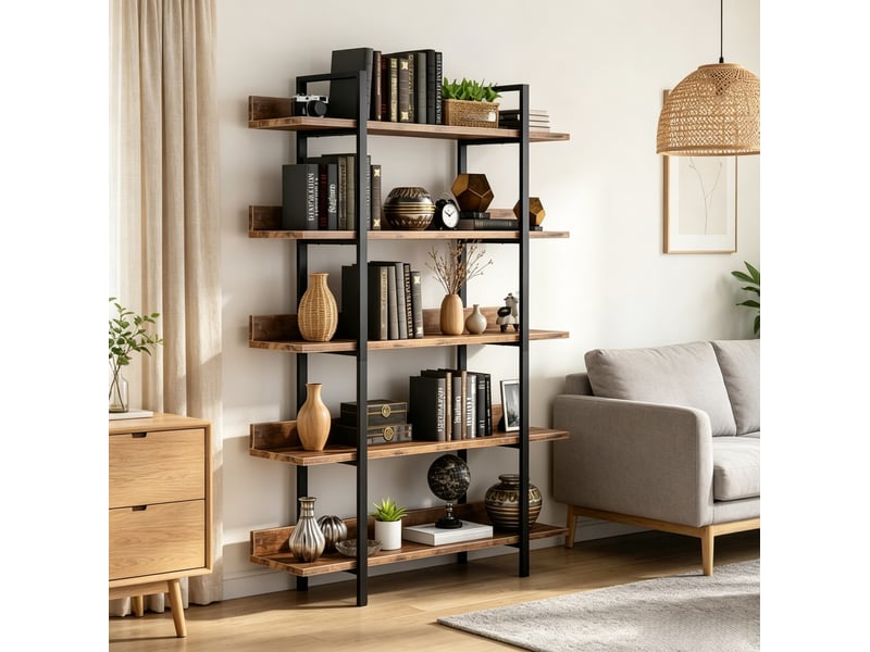  Étagère bibliothèque 5 niveaux industrielle noir et marron rustique, 105 x 33 x 180 cm pour salon ou bureau  - Conforama B