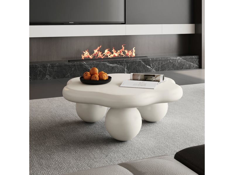 Table basse avec plateau arrondi et pieds sphériques, finition mate, style moderne, en mdf et plastique, crème, ø80 × 35 cm  - Conforama C