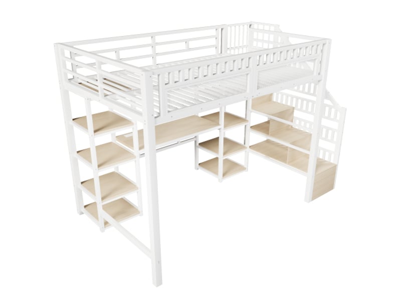 Lit mezzanine 140x200 cm en métal blanc – bureau intégré, rangements, échelle avec rangement, led et usb – sans matelas - Conforama A